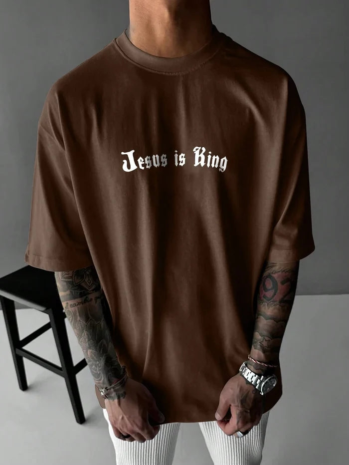 SXV God Is King Letter Print Round Neck Short Sleeve T-Shirt, Coffee Color