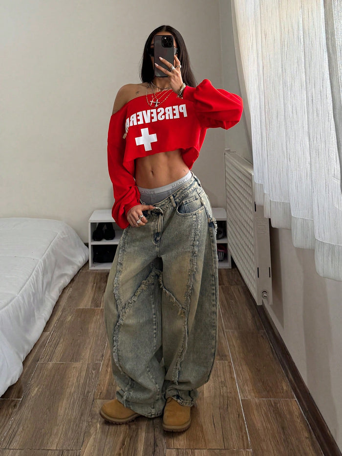 SXV Grunge Streetwear Punk Fitted Oblique Shoulder Off-Shoulder Long Sleeve Sweatshirt