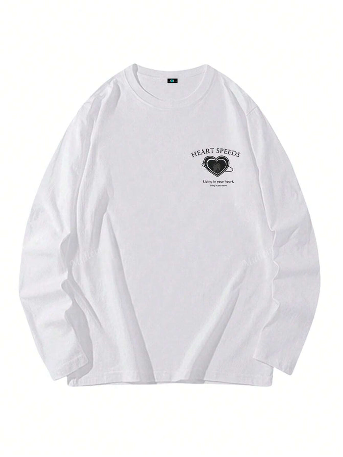 SXV Heart Print Long Sleeve Round Neck T-Shirt, Casual Loose Fit Versatile Top For Women, Autumn