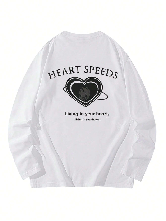 SXV Heart Print Long Sleeve Round Neck T-Shirt, Casual Loose Fit Versatile Top For Women, Autumn