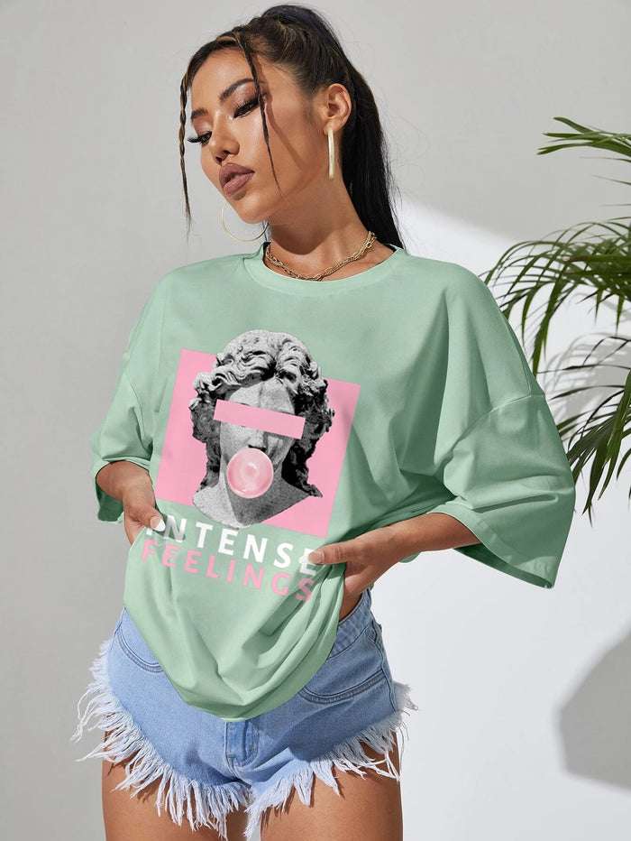 SXV Intense feelings mintgreen Graphic Drop Shoulder Tee