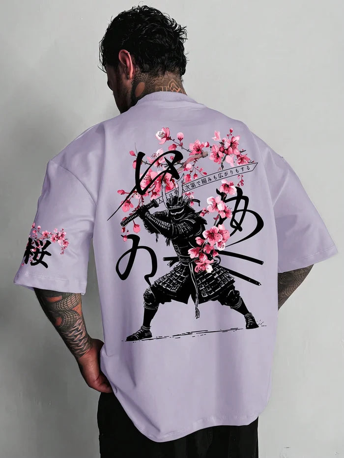 SXV Japanese Sakura Samurai Design Graphic Print Short Sleeve Crew Neck T-Shirt