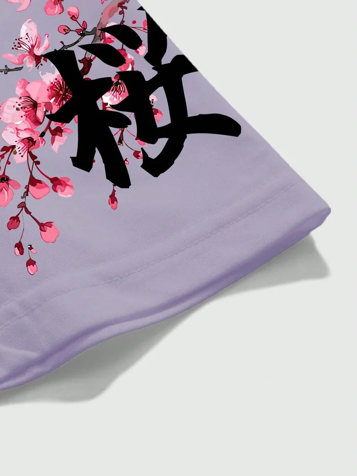 SXV Japanese Sakura Samurai Design Graphic Print Short Sleeve Crew Neck T-Shirt