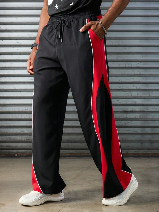SXV Men's Black Track Pants with Red Side Stripe, Drawstring Waist, Wide Leg, Casual Sportswear