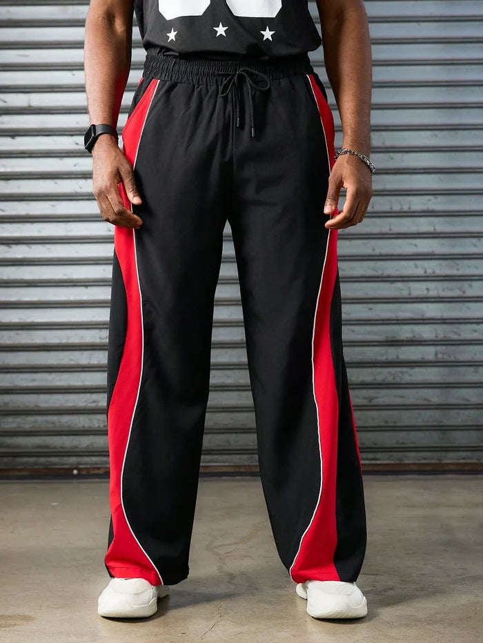 SXV Men's Black Track Pants with Red Side Stripe, Drawstring Waist, Wide Leg, Casual Sportswear