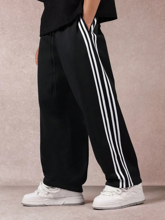 SXV Men's Black Track Pants with White Side Stripes, Wide Leg, Drawstring Waist