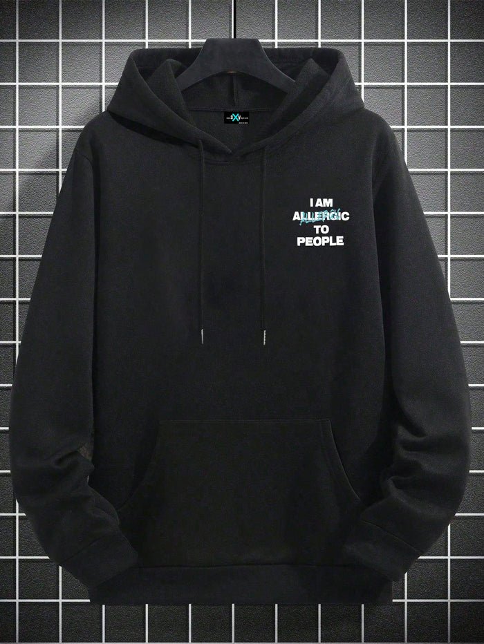 SXV Men's Casual Slogan Printed Loose Fit Pocket Hoodie Sweatshirt, Autumn