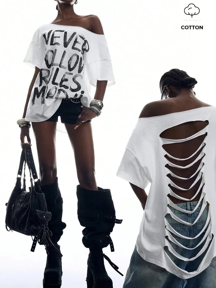 SXV Minimalism Women's Slogan Print Back Hollow Out T-Shirt