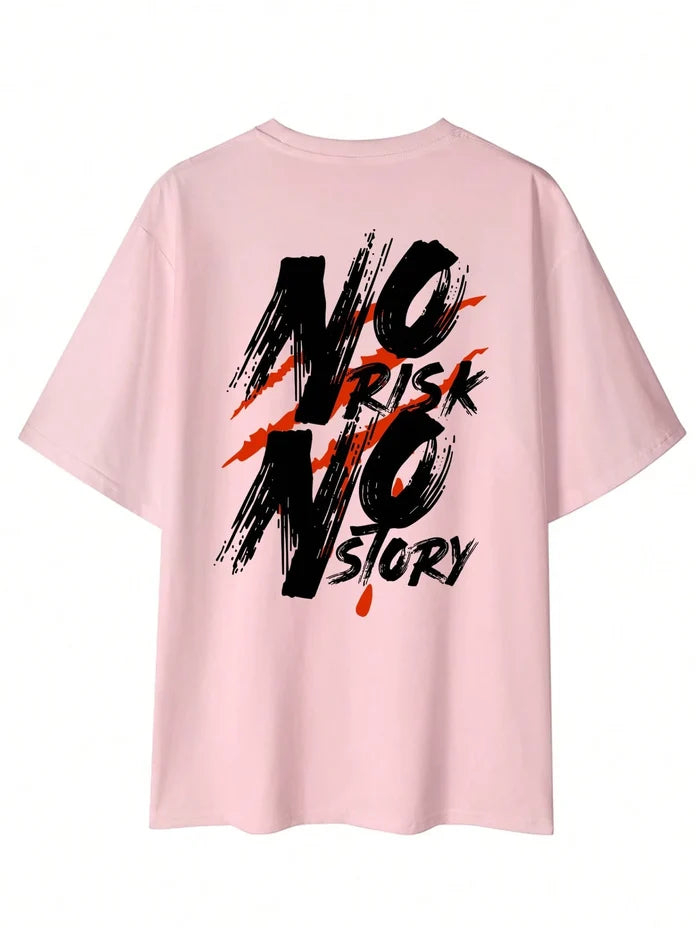 SXV No Risk No Story Casual Fashionable Street Slogan Print Dropped Shoulder Loose Breathable Short Sleeve T-Shirt