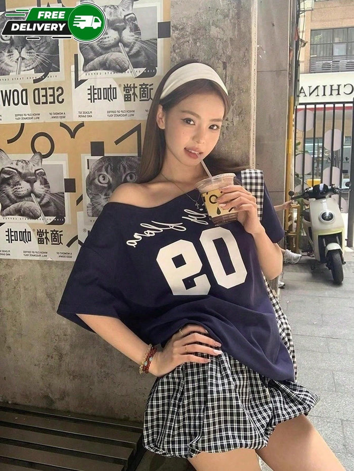 SXV Off-Shoulder, Number & Cursive Logo Print, Navy Short-Sleeved T-Shirt