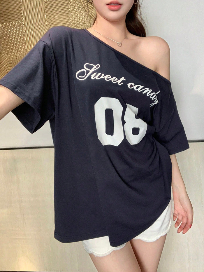 SXV Off-Shoulder, Number & sweet candy Logo Print, Short-Sleeved T-Shirt