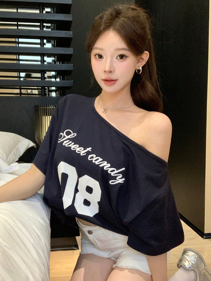 SXV Off-Shoulder, Number & sweet candy Logo Print, Short-Sleeved T-Shirt