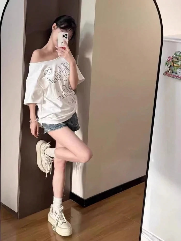 SXV off shoulder white women tshirt
