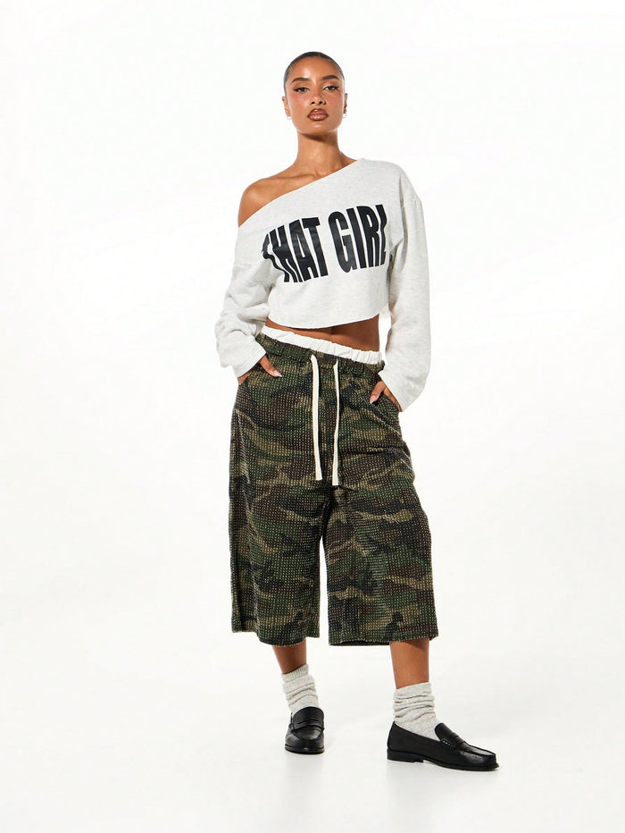 SXV Oversized Cropped Off Shoulder Graphic Sweatshirt With That Girl Text Print Long Sleeve Casual Winter Top