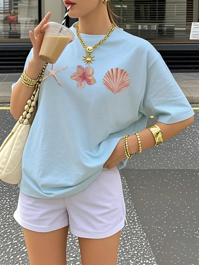 SXV Shell & Starfish Print Casual Vacation Style Baggy Tee