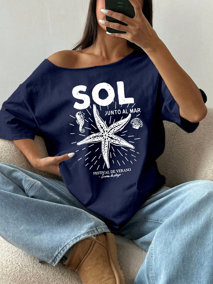 SXV SOL Women Summer Loose Asymmetrical Neck Cocktail Fruit Orange Y2K Graphic Oversized T-Shirt