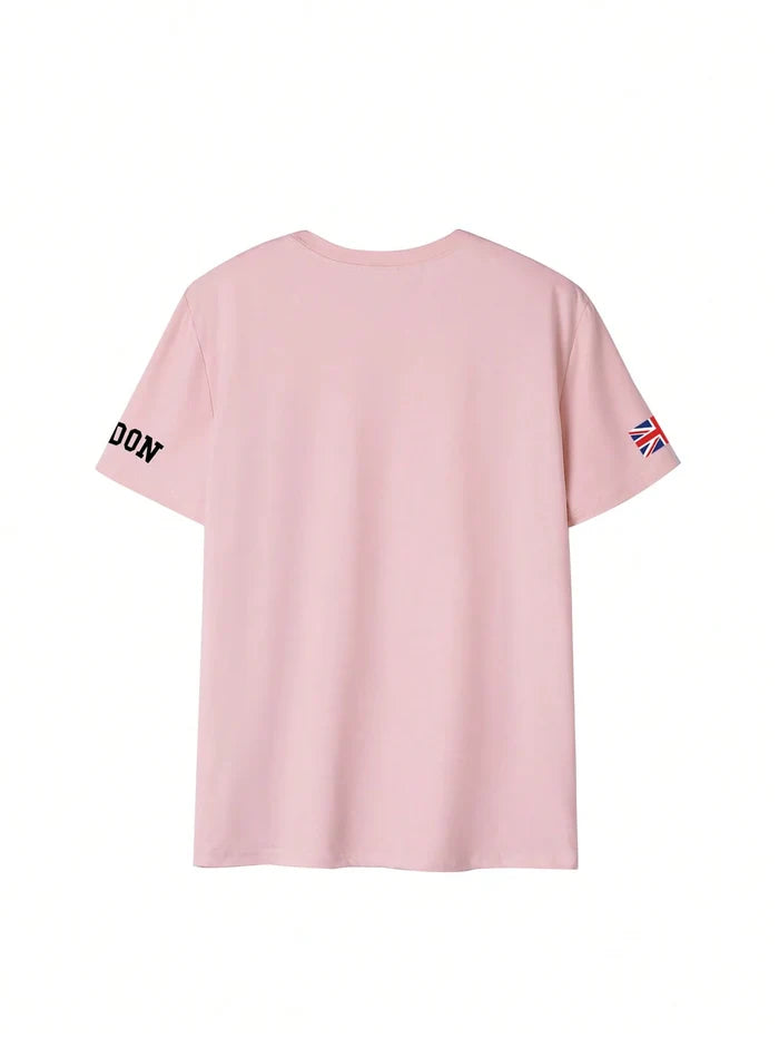 SXV Summer London Letter Print Cheongsam Pattern Round Neck Short Sleeve T-Shirt