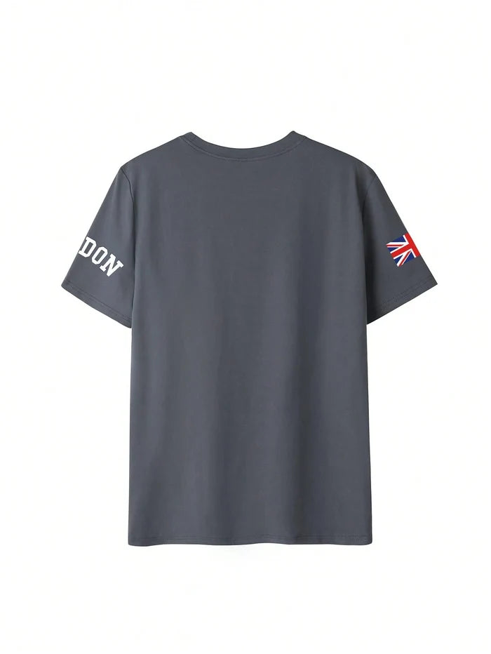 SXV Summer London Letter Print Cheongsam Pattern Round Neck Short Sleeve T-Shirt