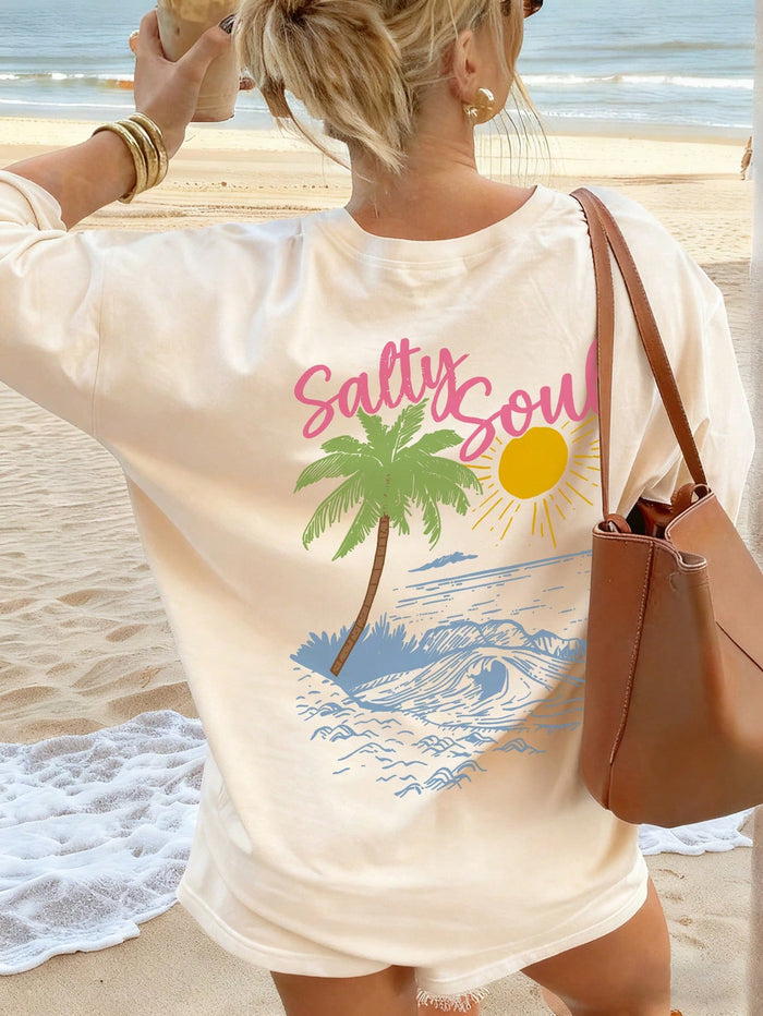 SXV Summer New Coconut Tree Print Casual Round Neck Short Sleeve T-Shirt