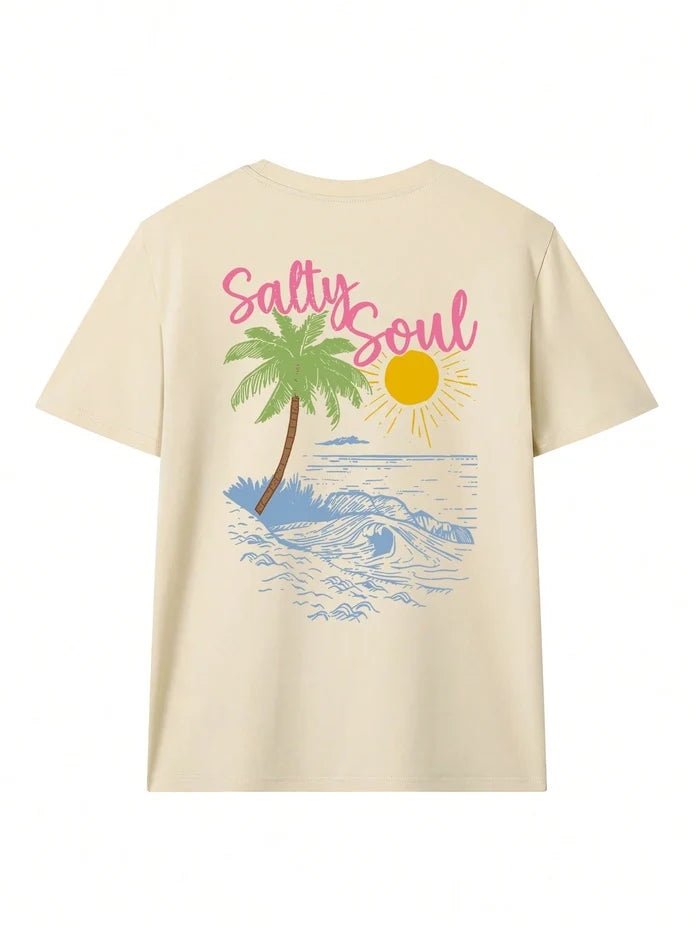 SXV Summer New Coconut Tree Print Casual Round Neck Short Sleeve T-Shirt