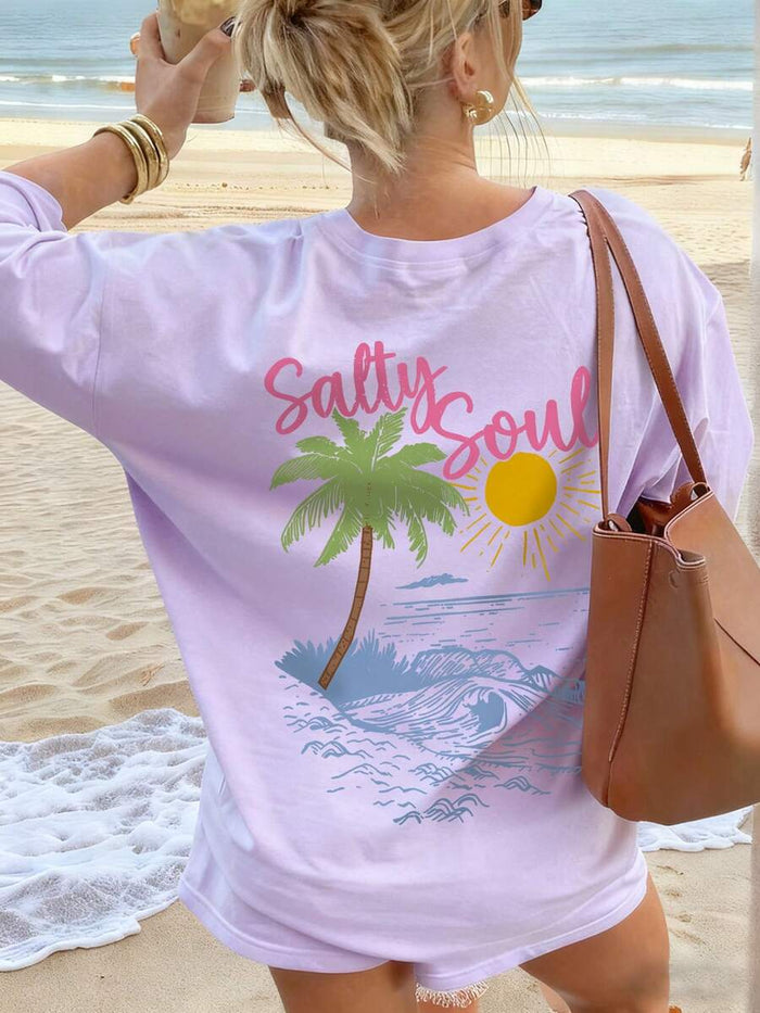 SXV Summer New Coconut Tree Print Casual Round Neck Short Sleeve T-Shirt