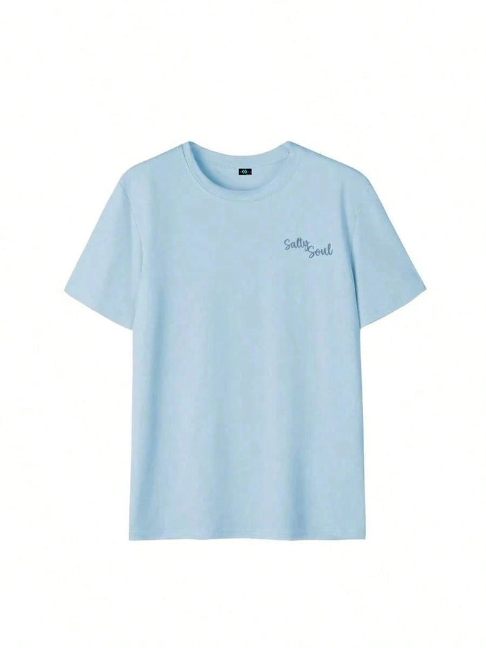 SXV Summer New Coconut Tree & Sunshine Print Casual Round Neck Short Sleeve T-Shirt