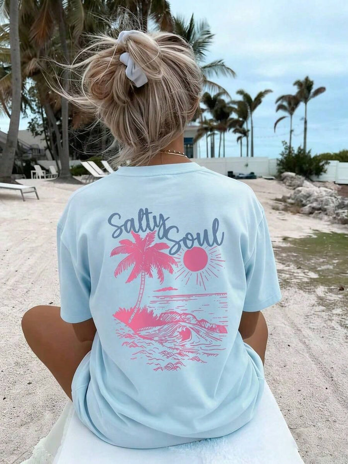 SXV Summer New Coconut Tree & Sunshine Print Casual Round Neck Short Sleeve T-Shirt