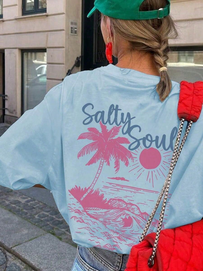 SXV Summer New Coconut Tree & Sunshine Print Casual Round Neck Short Sleeve T-Shirt
