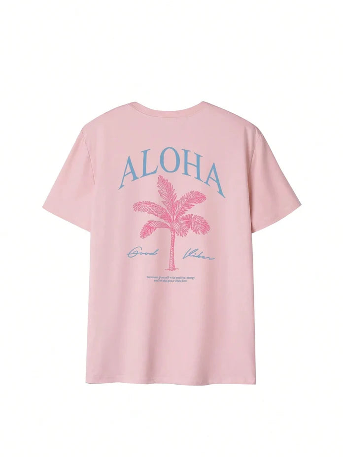 SXV Summer New Palm Tree Slogan Print Casual Round Neck Short Sleeve T-Shirt