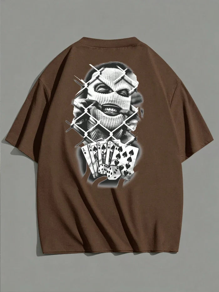 SXV Summer Short Sleeve T-Shirt - Brown, With Character And Playing Card Graphic Print