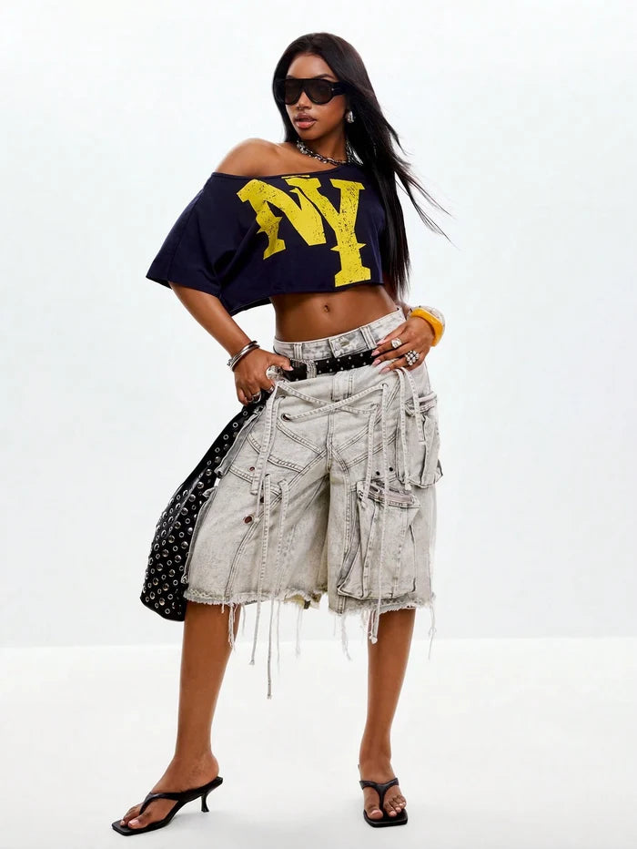 SXV Summer Streetwear Chic Y2K Daily Wear Graphics Asymmetrical Neck Crop T-Shirt