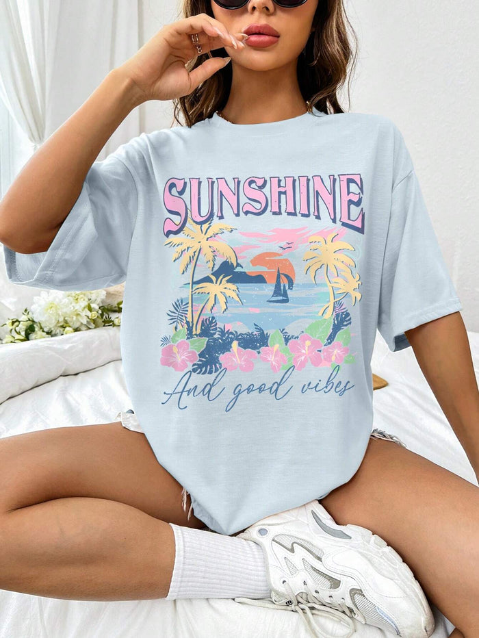 SXV Women Vacation Beach Sea View Letter Print Drop Shoulder Loose Short Sleeve T-Shirt