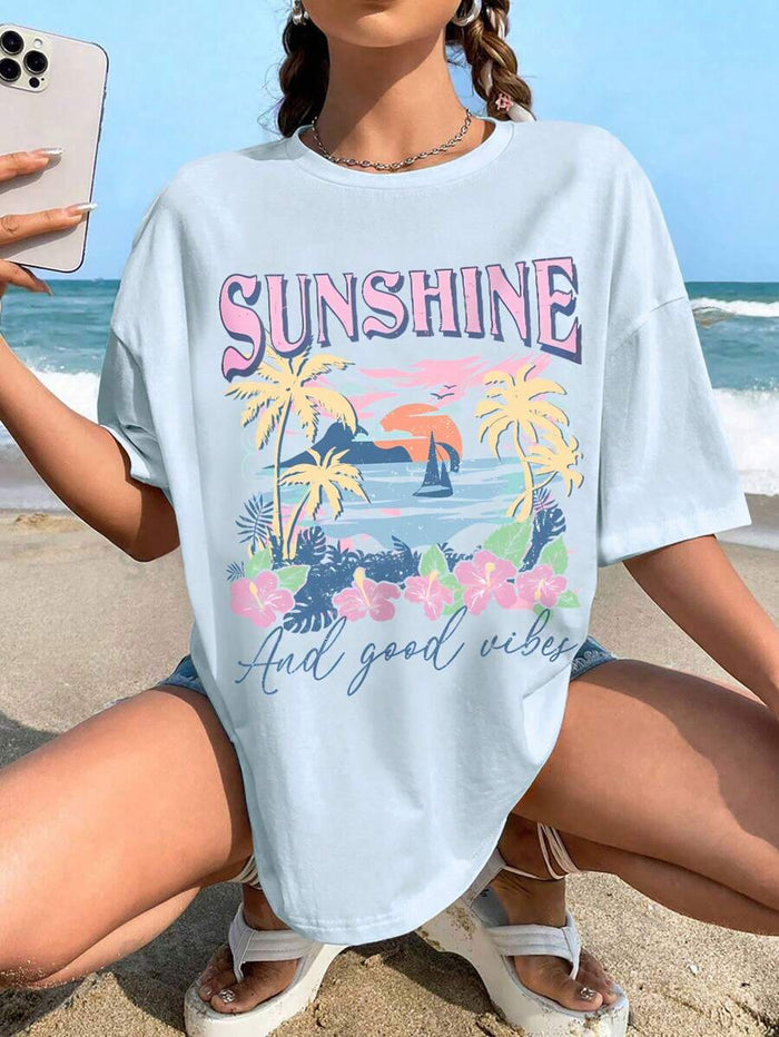 SXV Women Vacation Beach Sea View Letter Print Drop Shoulder Loose Short Sleeve T-Shirt
