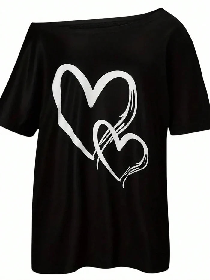 SXV Women's Asymmetrical Neckline Heart Print T-Shirt Graphic