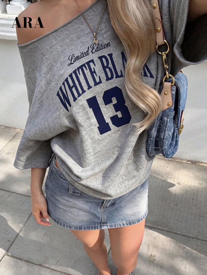 SXV Women's Grey Asymmetric Letter Print Drop Shoulder Short Sleeve T-Shirt