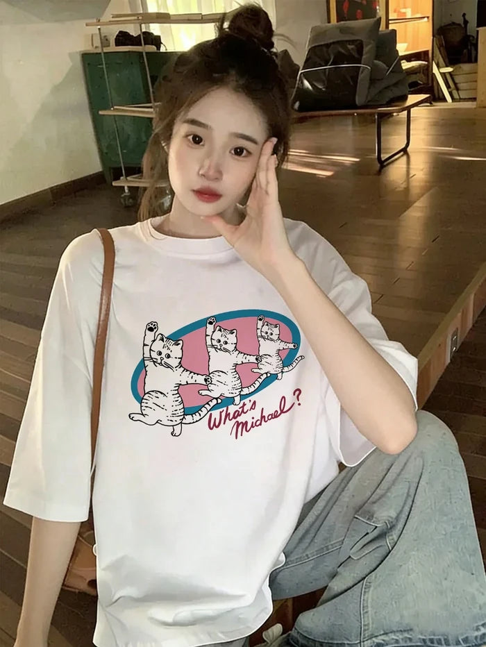 SXV Women's Loose Fit Round Neck Short Sleeve Letter & Cat Print T-Shirt, Spring