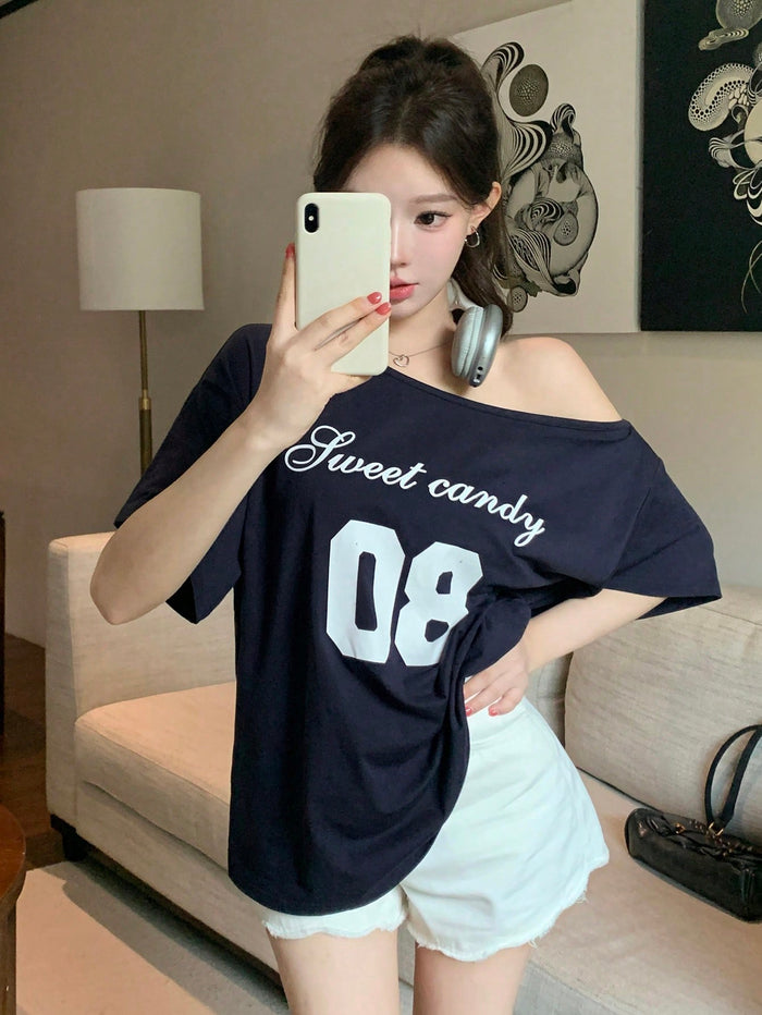 SXV Women's Loose Letter Print Asymmetrical Shoulder Casual T-Shirt, Summer