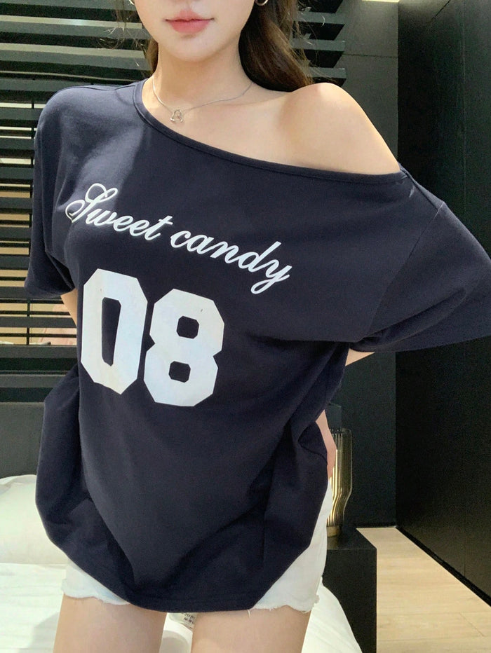 SXV Women's Loose Letter Print Asymmetrical Shoulder Casual T-Shirt, Summer