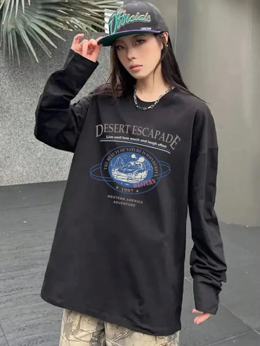 SXV Women's Oversized Round Neck Casual Versatile Kawaii Print Long Sleeve T-Shirt Top, Spring