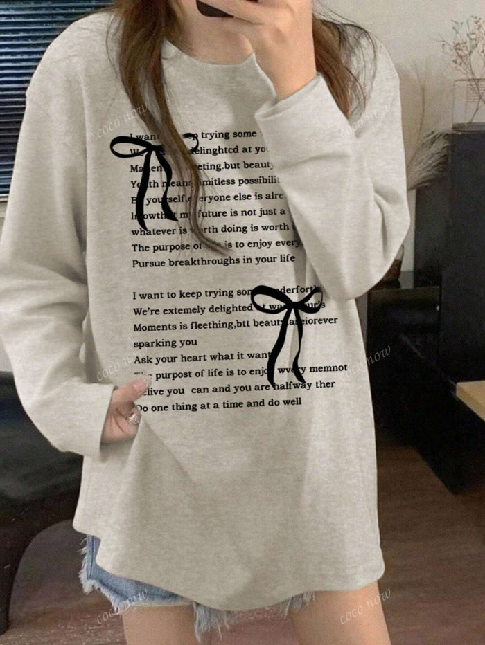 SXV Women's Round Neck Letter & Bow Print Casual Versatile Sweet Cute Loose Cotton Long Sleeve T-Shirt Top, Autumn