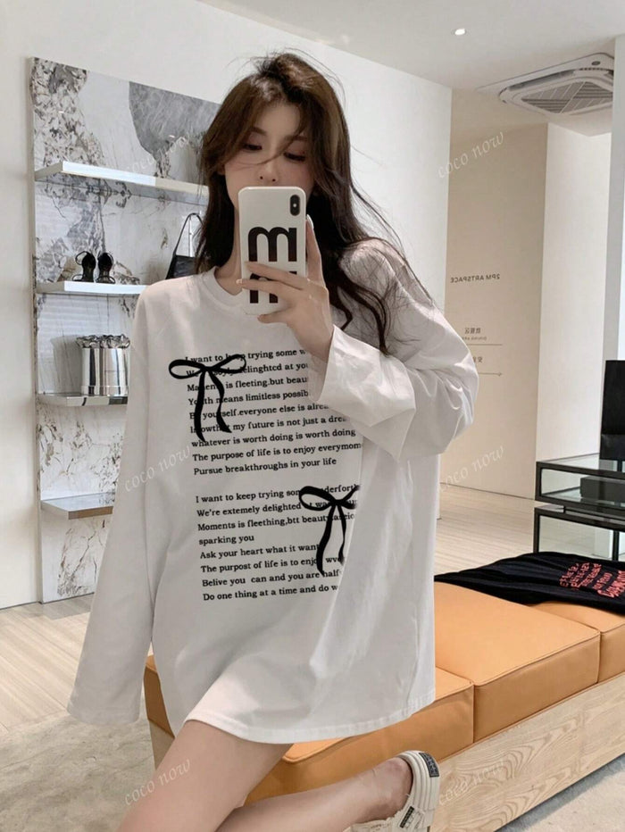 SXV Women's Round Neck Letter & Bow Print Casual Versatile Sweet Cute Loose Cotton Long Sleeve T-Shirt Top, Autumn