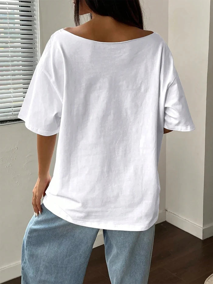 SXV Women's Summer Loose Fit Asymmetric Neck Freedom Sugar T-shirt