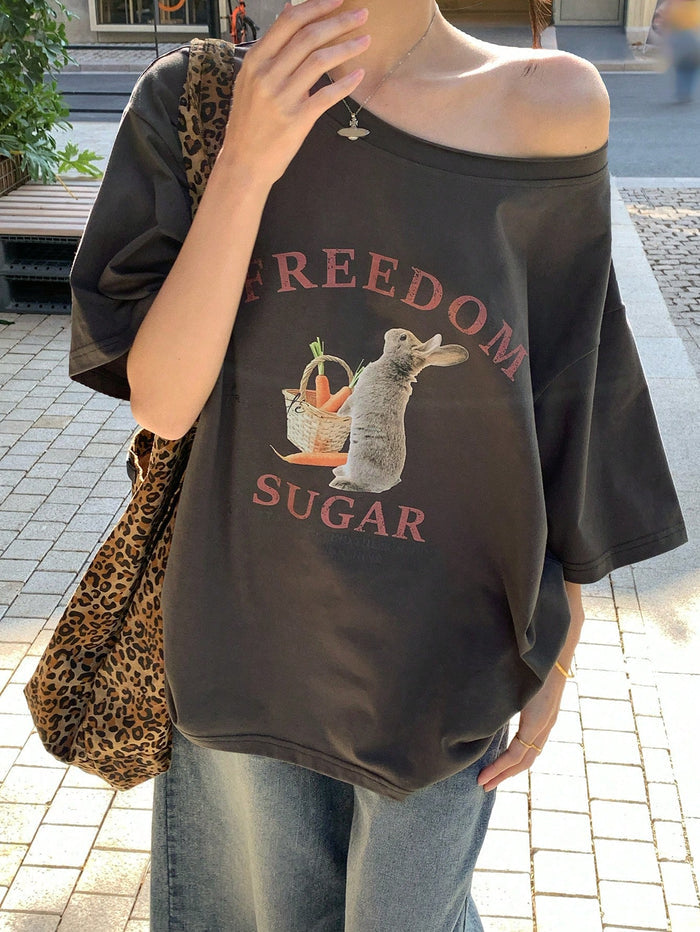 SXV Women's Summer Loose Fit Asymmetrical Shoulder Floral Print T-shirt