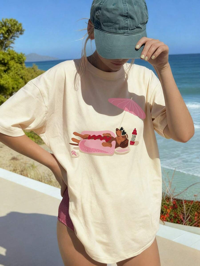 SXV Women's Summer New Casual Beach Sunbathing Dachshund Print Loose Versatile Crew Neck Beige Short Sleeve T-Shirt