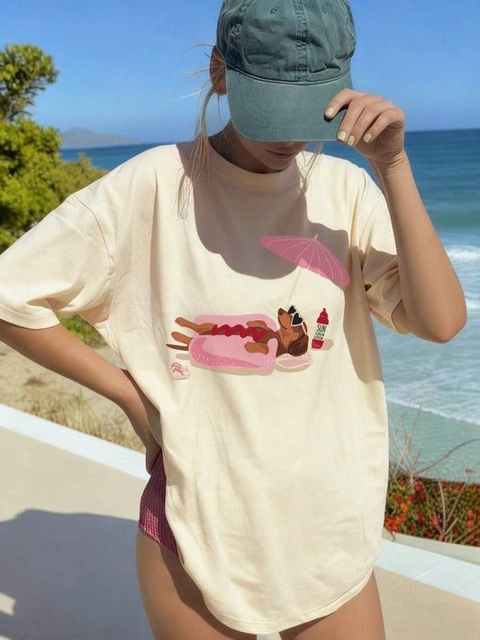 SXV Women's Summer New Casual Beach Sunbathing Dachshund Print Loose Versatile Crew Neck Beige Short Sleeve T-Shirt