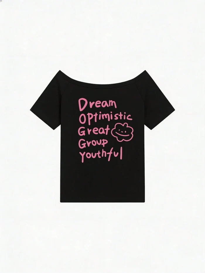 SXV Y2K Print Dream Off-Shoulder Short-Sleeve T-Shirt