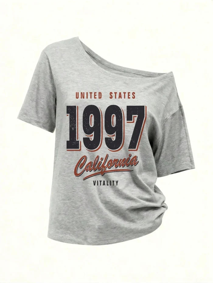 SXV Y2K Retro California 1997 Letter Graphic Cold Shoulder Loose Gray Asymmetric Hem T-Shirt