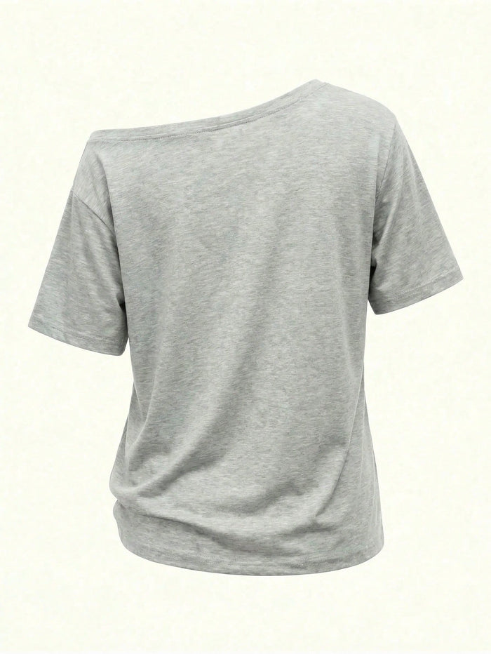 SXV Y2K Retro California 1997 Letter Graphic Off Shoulder Loose Gray Asymmetric Hem T-Shirt