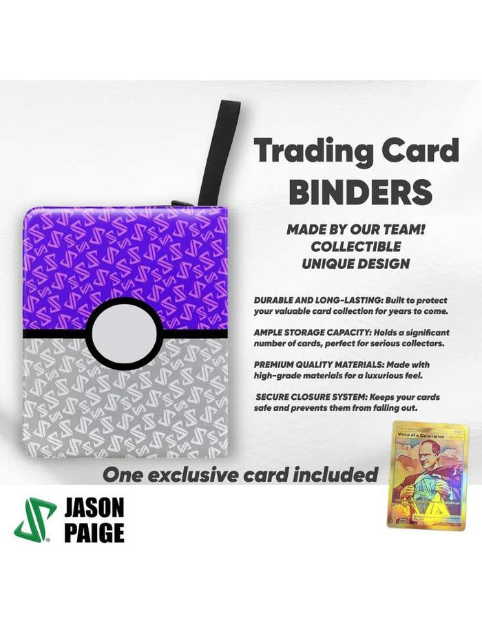 Trading card binder with unique design, durable materials, and an exclusive card included, featuring Jason Paige branding.