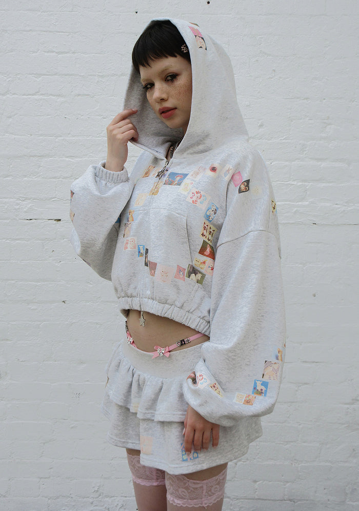 TRINKET MOTIF CROP ZIP HOODIE GREY MARL